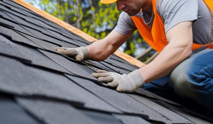 Construction Worker Hands Working on Roof Tiles Installation Closeup. Generative AI (1)